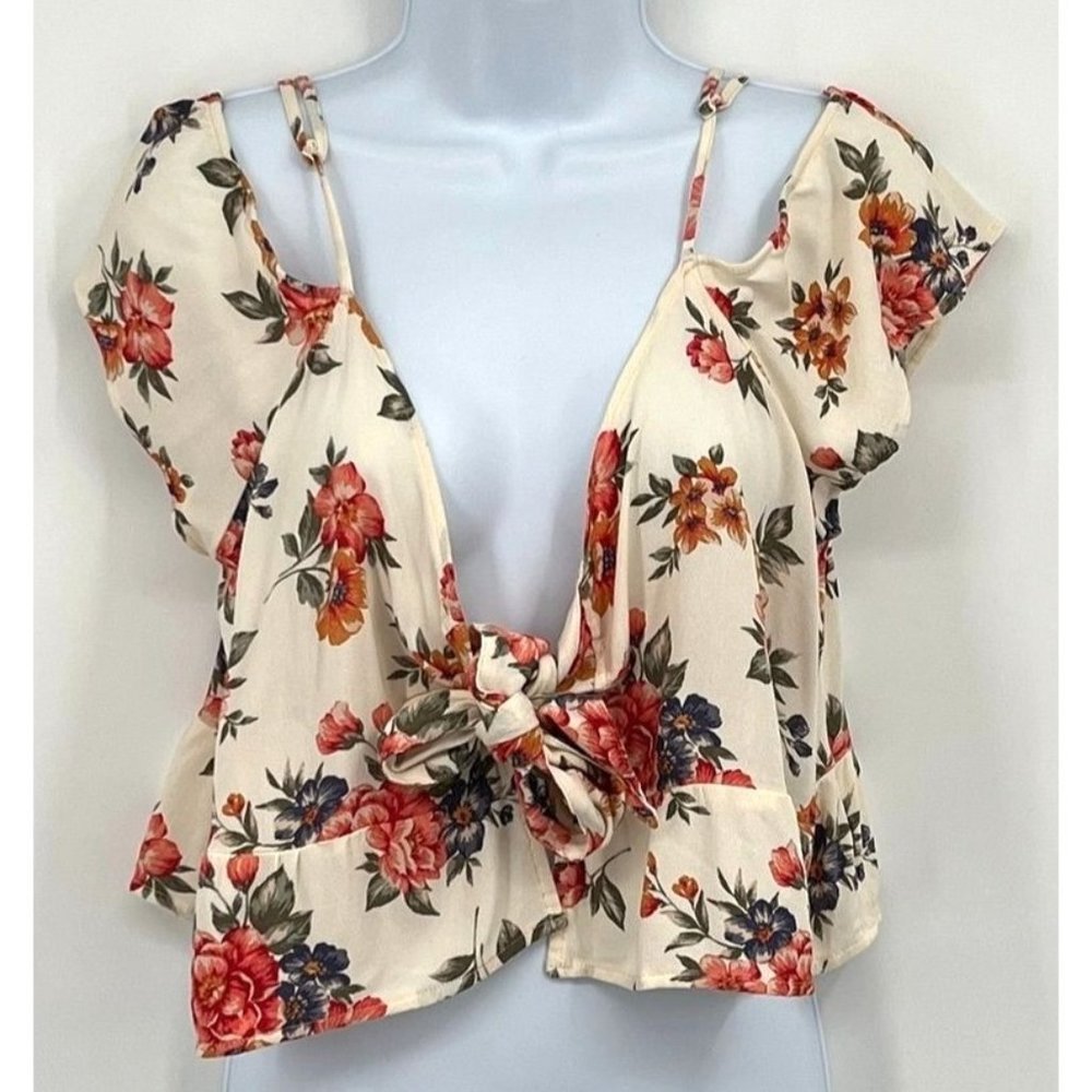 AEO NWOT Size Med Floral on Cream Top Tie Front Adjustable Straps Flirtatious